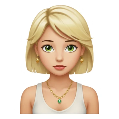 Girl with green eyes, blonde slightly wavy hair, sideswept bangs, darker roots, white but a bit tan, wearing white tank top, golden necklace and gold earrings, rosy cheeks and blushed lips sticker