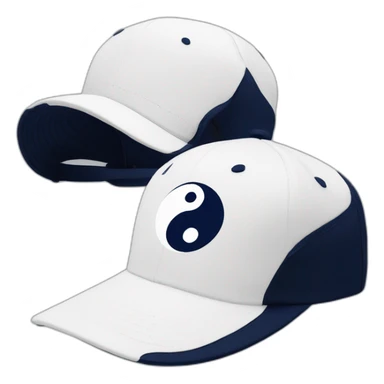 white baseball hat with yin yang symbol on front, navy blue brim sticker