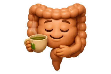 emoji stile iphone 3d di intestino umano sereno che si tocca la pancia mentre sorseggia un thè alle erbe, iperrealistico 4k sticker