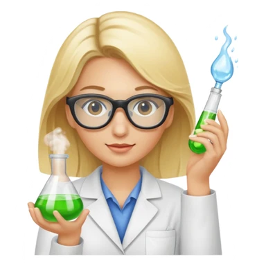 Eine hellblonde Chemikerin mit Kittel, großer Labor-Sicherheitsbrille und typischem Erlmeyerkolben in der Hand sticker