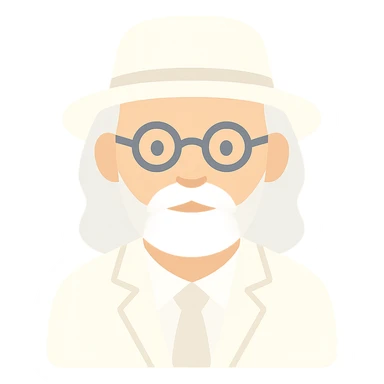 old man with a white hat, slightly long white beard, white moustache, round glasses, white suit, white longish hair, color icon sticker