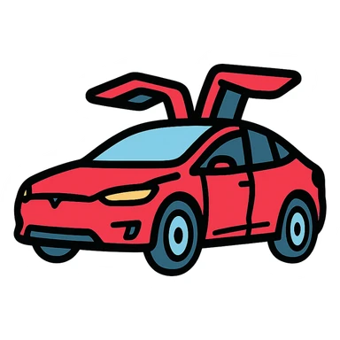 red Tesla Model X with falcon wings up, driving from left to right, angled slightly upward, clean icon style sticker