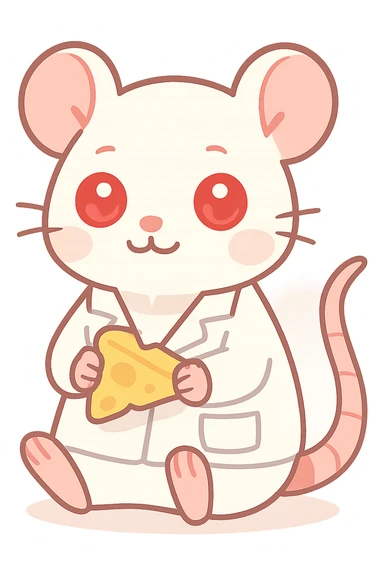 A happy lab rat with red glowing eyes, holding a piece of cheese, white fur, detailed paws and tail, wearing a tiny lab coat, cartoon style with scientific elements. sticker