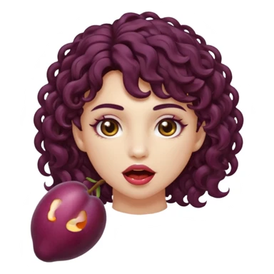 nude woman short curly brown mullet brown eyes white skin biting glowing plum sticker