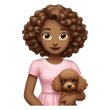 16 year old girl with brown medium length curly hair with white skin brown eyes and she is wearing a pink dress she is also holding a tiny poodle which is light brown with brown eyes￼   sticker
