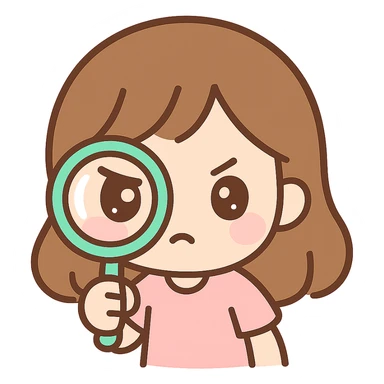 chibi cute girl with brown hair, laser focused, holding a magnifying lens sticker