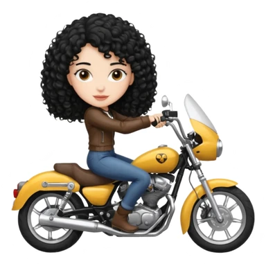 18 year old girl, black curly hair, white, dark brown eyes, riding a motorcycle sticker