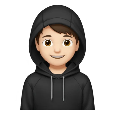A brunette boy, short straight hair, light brown eyes, with a black sweatshirt with a hoodie, and smile without teeth  sticker