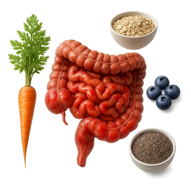 intestino umano anatomico infiammato al centro con carota, bowl di avena, mirtilli, bowl di semi di chia che gli fluttuano intorno , iperrealistico 4k sticker