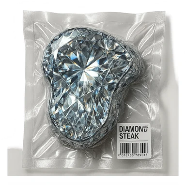 meat steak made of diamond, glossy and puffy, vacuum-sealed style sticker