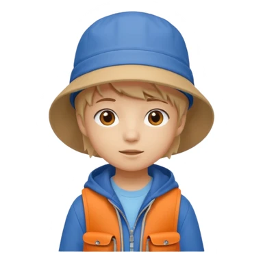 A little student with beige bucket hat, orange jacket, blue backpack sticker