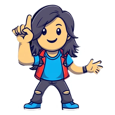 Rockstar musician with long hair, confident smile looking up, rock hand gesture, stage presence, edgy style sticker