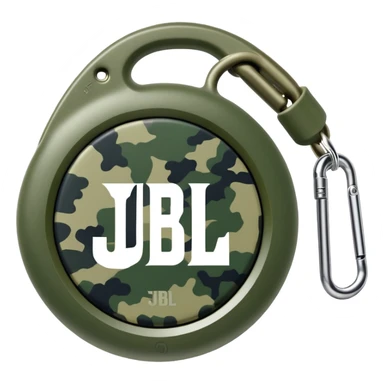 Minimalist JBL Clip 4 speaker with circular shape, carabiner clip, green camouflage pattern, and small JBL logo in the center, iOS emoji style sticker