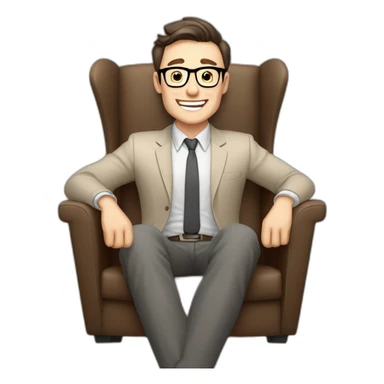 Joyful Celebrating victory Hands up Pale skinned Fit Man With dark brown hair in gray jacket, beige office shirt, Brown pants and vintage glasses sitting In a soft chair sticker
