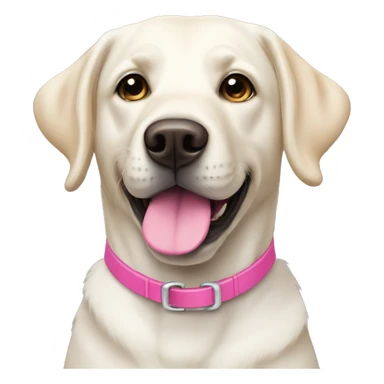 a white labrador retriever with a pink collar sticker