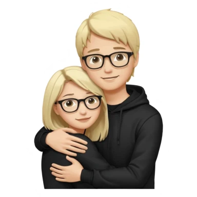 Joven de pelo rubio corto y piel blanca con lentes con poleron negedro abrazando por detrás a una joven de pelo negro largo con partidura al medio, de piel morena con sus manos en los brazos del joven aceptand su abrazoemoji sticker