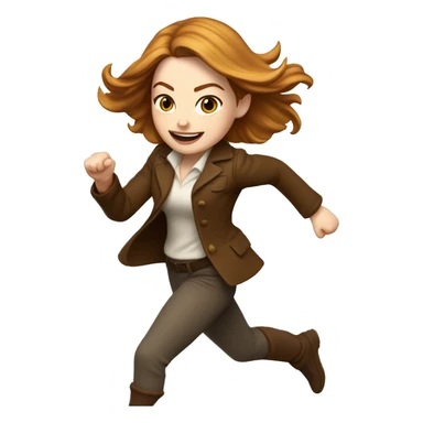 Emma Stone running, with a large stride and arms outstretched, with long golden brown hair, wearing an Christmas outfit sticker