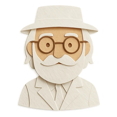 old man with a white hat, slightly long white beard, white moustache, round glasses, white suit, white longish hair, paper craft style sticker