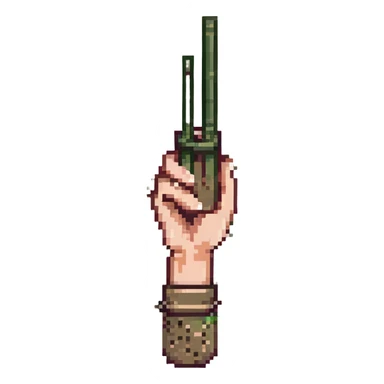 olive colored hand holding chopsticks, pixel art style sticker