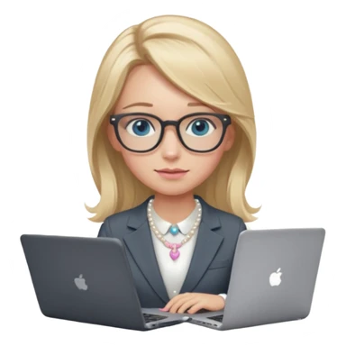 Please take the girl with laptop emoji and make her glassess light brown, her eyes ocean blue and her nose a bit smaller and pointier and she has blonde very long hair and a dark grey suit and pearls necklace, and has a laptop in fron of her and a tiny pink bow on the left side of her head sticker