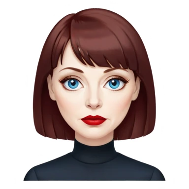 Artistic woman in her late 50s with pale skin, wider face, visible age lines around eyes and mouth, blue eyes with eyeliner, thin eyebrows, red lipstick, dark auburn hair with bangs styled more conservatively, wearing a black top sticker