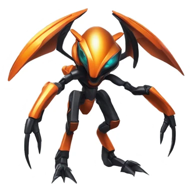 a shiny metallic black-orange Genesect-Flygon-Raptor-Fakémon-Medabot-hybrid with a futuristic visor-helmet full body sticker