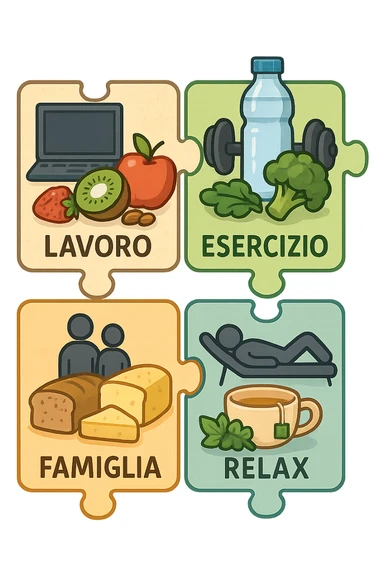 Puzzle (Lavoro, Esercizio, Famiglia, Relax), in lavoro metti icona di un PC, in Esercizio un Manubrio, in Famiglia una famiglia, in Relax qualcuno che riposa and healthy foods are integrated into each piece. in italiano sticker
