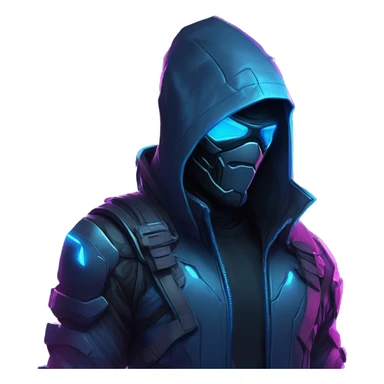 developer behind his laptop with this style : crysis Cyberpunk Riot Games Valorant neon glowing bright blue character blue black hooded assassin themed character sticker