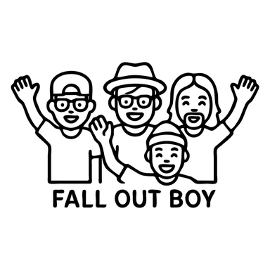 cartoon icons of the band Fall Out Boy, each member with their signature look, energetic and fun, suitable for music fans sticker