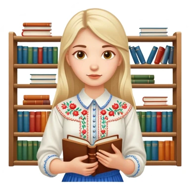 A Ukrainian girl in an embroidered shirt holds many books sticker