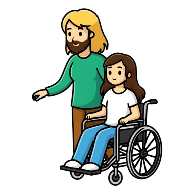 A bearded Brown haired man in a wheel chair lwith long blonde haired mom pushing sticker