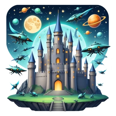 Icon for Fantasy and Sci-Fi Movies: A magical collage with flying dragons. futuristic spaceships and UFOs. Stars and planets shimmer in the background with a mystical castle Hogvards an ancient wizard and robots. The atmosphere is epic, otherworldly and adventurous. Transparent background. sticker