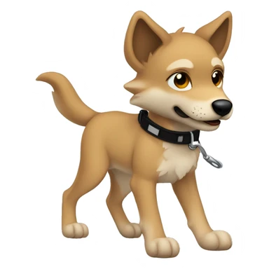 4 short legs a light brown puppy-like wolf with black  ears with black leash  is walking sticker