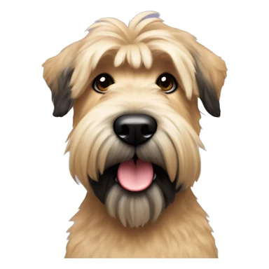 Wheaten terrier with long fluffy hair, black ears and black chin sticker