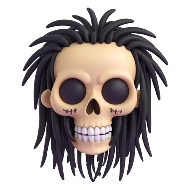 3D cartoon skull with black dreadlocks, big eyes, smiling sticker