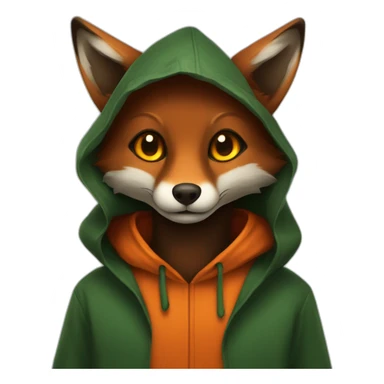 a small dark brown fox with orange eyes with a dark green hood that smile sticker