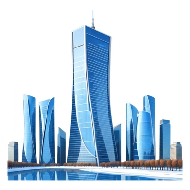 Apple style 3D emoji of the Evolution Tower from Moscow City.
Twisted skyscraper made of blue reflective glass, realistic reflections, light snow on the edges. Glossy 3D icon, smooth shading, high quality, isolated on a white background. sticker