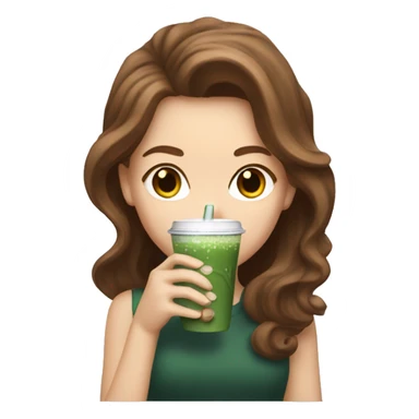 White girl with brown wavy hair drinking iced matcha latte sticker