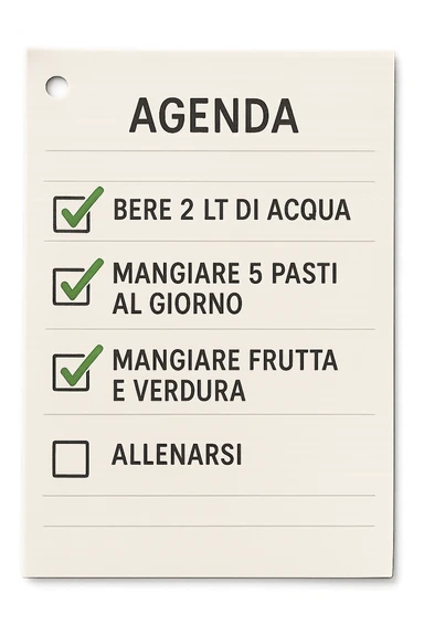 FOGLIO DI AGENDA CON SCRITTO:
BERE 2 LT DI ACQUA
MANGIARE 5 PASTI AL GIORNO
MANGIARE FRUTTA E VERDURA
ALLENARSI, 

METTI QUALCHE SPUNTA VERDE SULLE ATTIVITò CHE SONO GIà STATE SVOLTE, iperrealistico 4k sticker