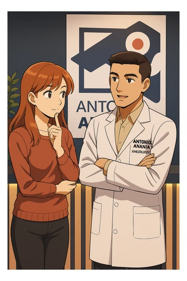 su questo stile fai un manga/webtoon a colori in cui una donna SI TOCCA IL MENTO CON L'INDICE MENTRE ASCOLTA PENSIEROSA L'UOMO, l'uomo della foto in stile manga LE SPIEGA CHE DEVE PROVARE LA SUA VALUTAZIONE MEDICA, mantieni un ambiente simile alla foto che ho allegato con il suo logo (sarebbe il suo studio, lui è un kinesiologo), scrivigli "ANTONIO ANANIA" sul camice bianco, non mettere fumetti, ma fai in modo che sembri che la donna ASCOLTI l'uomo sticker