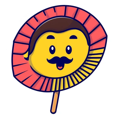 Colorful paper fan with smiling face and curly mustache sticker