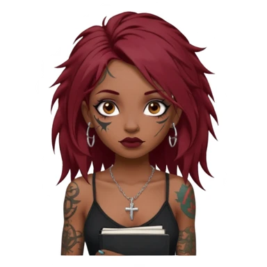 generate an ios genmoji of a dusky girl with long dark red messy hair with eyeliner on her eyes. septum piercing, wearing a cami black top, has tattoos, on shoulders. ear piercings. wearing a cross silver necklace. carrying a lot of sketchbooks


no tattoos on face sticker