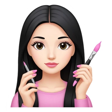 Pink Nail Tech with black long hair holding small acrylic brush sticker