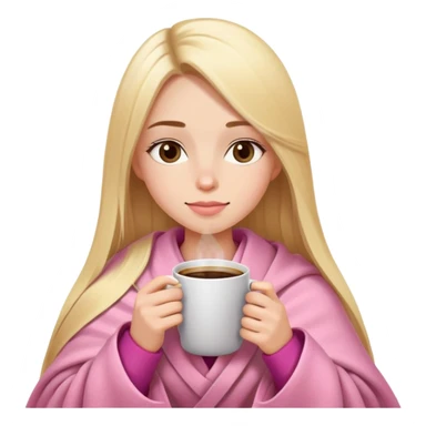 Long blonde straight hair girl drinking coffee, almond dark brown eyes, pink blanket sticker