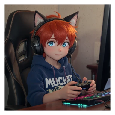 Red hair blue eye boy gaming with wolf ears sticker