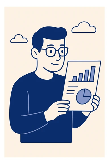 man wearing glasses and looking at data, flat blue illustration style sticker