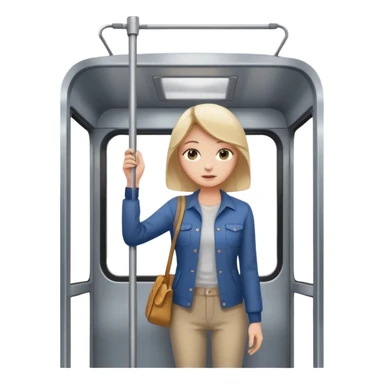a young woman standing inside a modern train carriage. one hand is holding a vertical pole sticker
