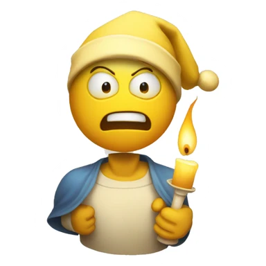 An angry yellow circle emoji wearing a nightcap and holding a candle sticker
