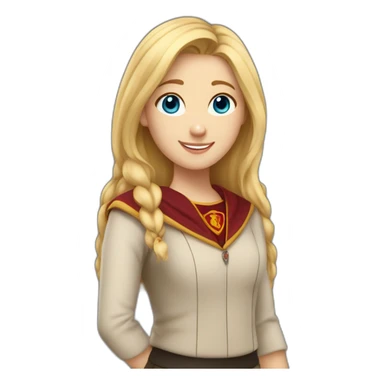 Emoji of a blonde girl with blue eyes, who is studying at Gryffindor House, expressing happy sticker