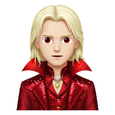 Alucard, Son of Dracula with long platinum blonde hair, dark red sequin outfit  sticker